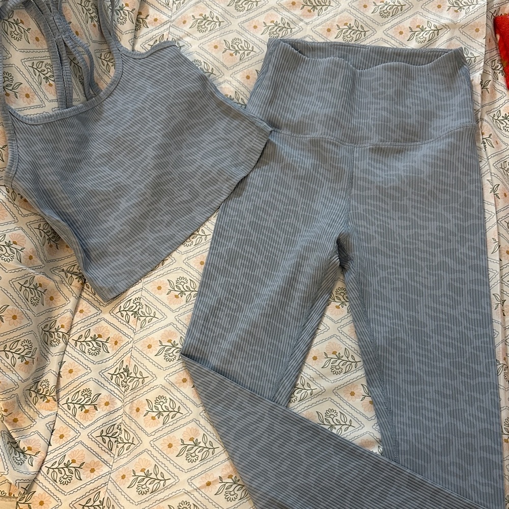 Carbon38 Ribbed Slate Active Crop Tank & High-Waist Leggings - Gray Blue